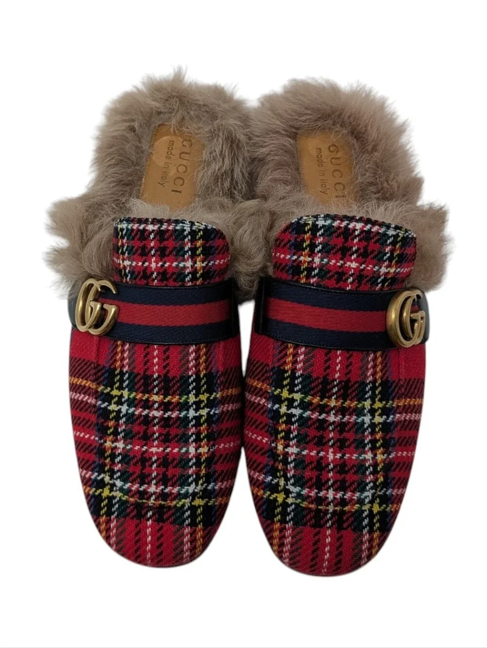 NEW Gucci GG Men's Red Plaid Fur Princetown Loafer Size 9.5